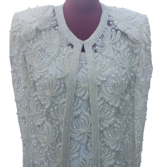 Vintage Scala Beaded Dress & Jacket Ivory Lace Sheath Short M/L - Picture 9 of 15